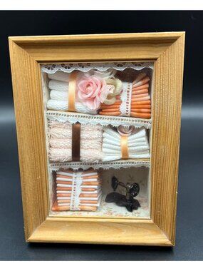 Miniature Sewing-Themed Shadow Box Display Wooden Frame Lace Detail Cottagecore